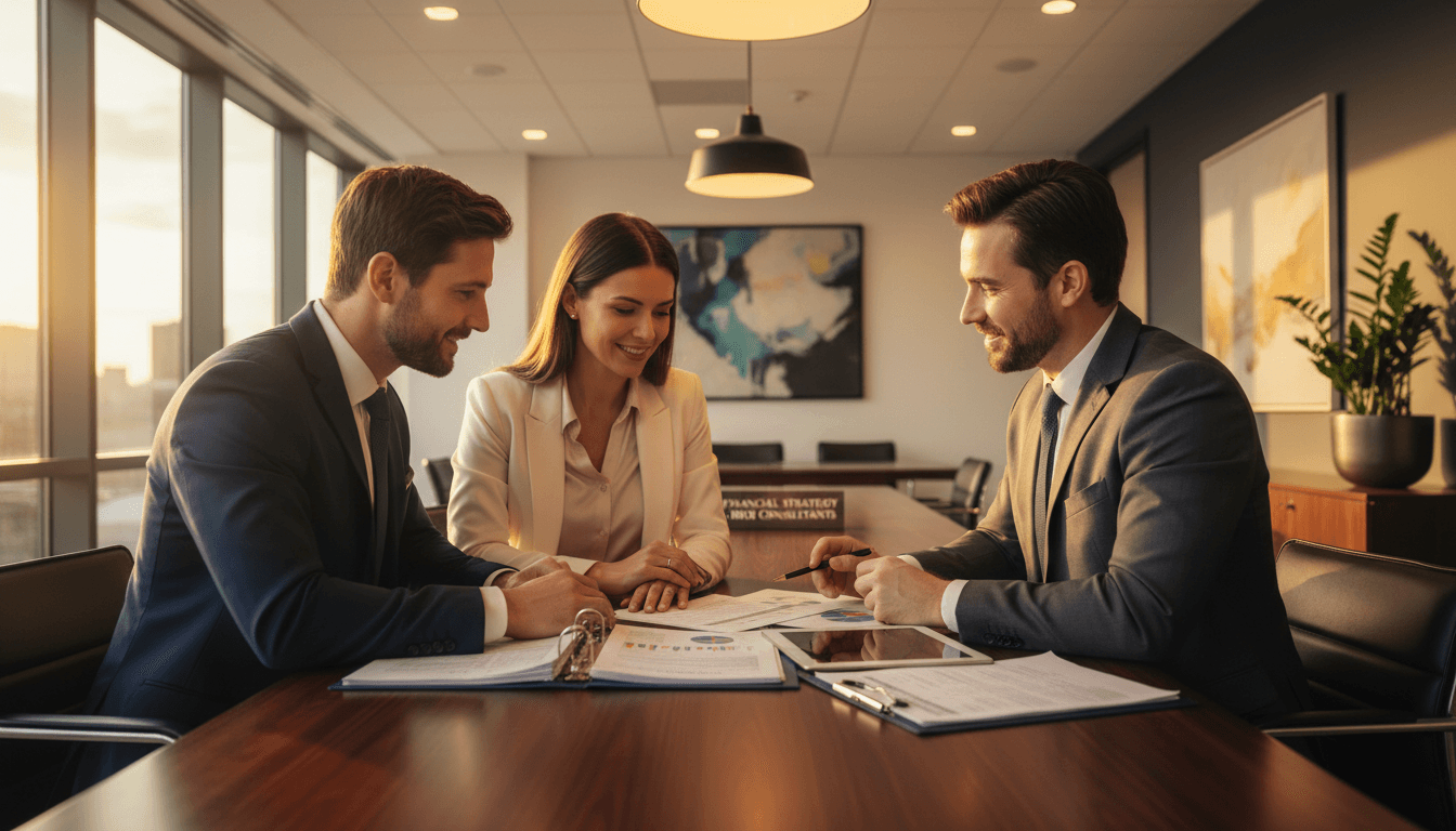 Professional couple meeting with financial advisor to review wealth strategy