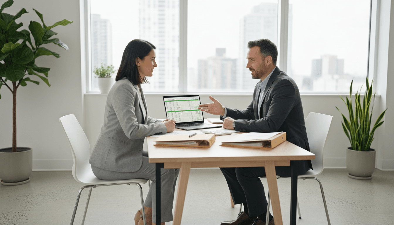 Financial advisor and business owner discussing wealth strategy at office meeting