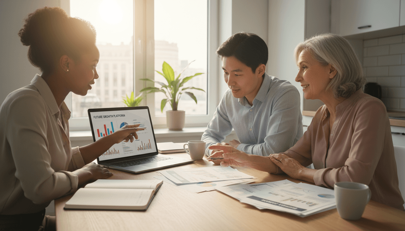 Multi-generational family reviewing financial plans and documents
